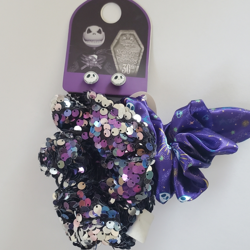 Nightmare Before Christmas Jack Earings & 2pc Scrunchie Set, NEW